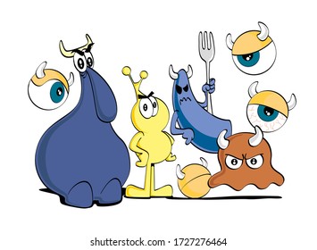 Imaginary cute angry monsters characters set on white background. Cartoon style vector illustration. Children illustration.