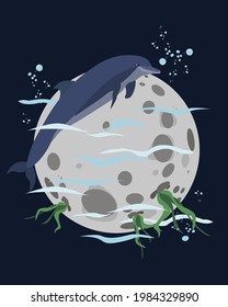 Imaginary dolphin on anstract moon vector flat minimalist design EPS10