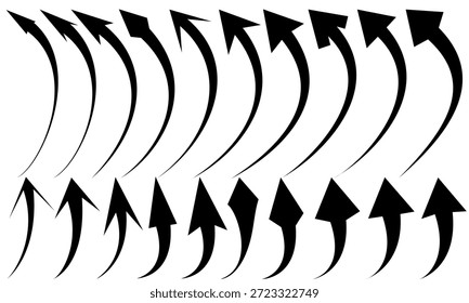 Imaginäre Doodles von gekrümmten Pfeilen mit verschiedenen Pfeilspitzen-Designs, Vektorgrafik