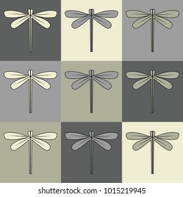 Imaginary Dragonfly seamless pattern in pastel colors green, blue, grey and yellow squares