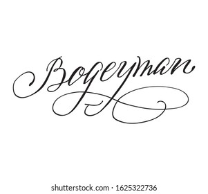 An imaginary evil spirit. Hand written calligraphy title with flourish for print, mythical design, game, toy, card. Black on white background. EPS10