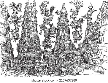 Imaginary, freehand drawn antique space city illustration