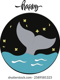 An imaginary happy whale at night