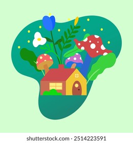 Imaginary house background with plants and mushrooms.
