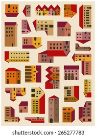 imaginary illuminated village map with isolated buildings and houses on background 