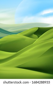 An imaginary illustration of the alien planet that full with many greenary dunes in vectoring art.