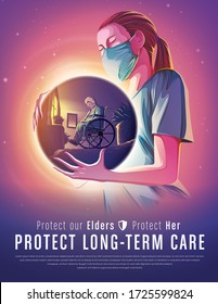 An imaginary illustration featuring the female long-term care worker holding an abstract spherical shape that has the image of the female elder sitting on her wheelchair alone in the room.