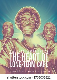 An imaginary illustration featuring the medical workers standing together and looking far with their determination eyes to being dedication in long-term care.