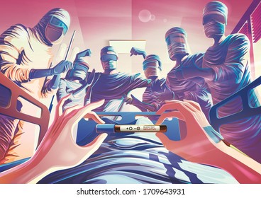 An Imaginary Illustration Featuring The Patient That Lying On The Bed And Holding The Blood Test Tube That Indicated The Blood Result Is Negative, Which Doctors And Nurses Are Congratulating.