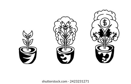 An imaginary illustration of the growth path of a plant in a pot until it finally produces a money tree in sketch form