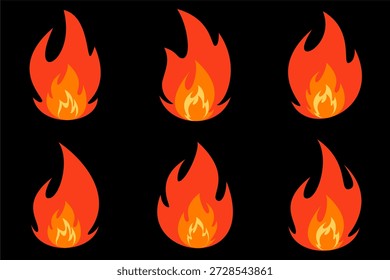 Imaginary image of a group of fireballs for the needs of effects or fire icon ornaments, isolated flat on a black background. vector