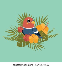 Imaginary little tropical bird with small yellow beak, big black eyes, red head and blue body. Tropical bird surrounded by exotic leaves, flowers and palm branches. Turquoise background
