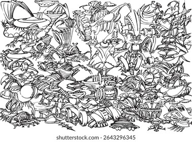 Despejo de peças de máquinas imaginárias, ilustração de marcador de pincel à mão livre