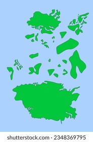 Imaginary map with green continents, blue ocean. Map for banner, poster, print, cover or wall decoration. Fictional country map.