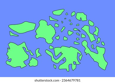 Mapa imaginario con islas verdes y océano azul. Mapa de banner, afiche, impresión, cubierta o decoración de pared. Mapa de arte de campo ficticio.