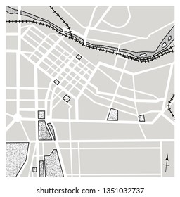 
Imaginary map with river, parks and train tracks. Black and white vector illustration.