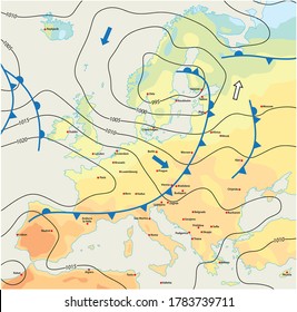 imaginary meteorological vector weather map of europe with capital cities