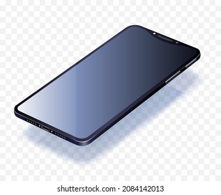 Imaginary mobile phone.  3D vector smartphone. Digital mockup in perspective view. Realistic device with a black glossy screen floating above checkered background. Transparent shadow