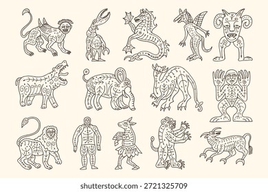 Criaturas míticas imaginarias e híbridos grotescos en estilo de arte de línea medieval