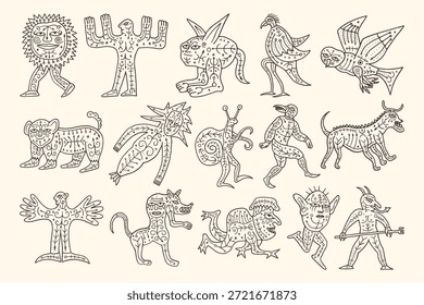 Criaturas míticas imaginarias e híbridos grotescos en estilo de arte de línea medieval	