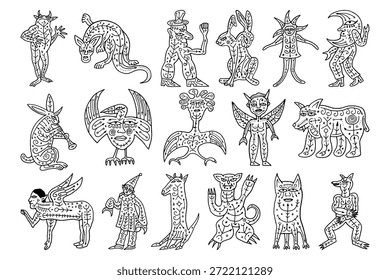 Imaginary mythical creatures and grotesque hybrids in medieval line art style	
