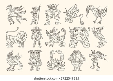 Imaginary mythical creatures and grotesque hybrids in medieval line art style	