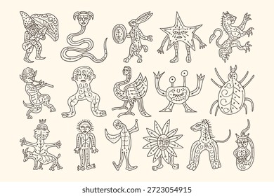 Imaginary mythical creatures and grotesque hybrids in medieval line art style