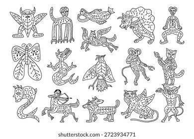 Criaturas míticas imaginárias e híbridos grotescos em estilo de arte de linha medieval	
