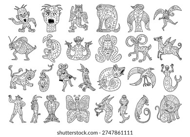 Imaginary mythical creatures and grotesque hybrids in medieval line art style