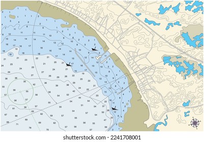 Imaginary nautical map with illustrated depiction of the coast