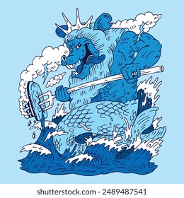 Imaginary Neptune Rat Crazy Monster Character Design Illustration with blue background