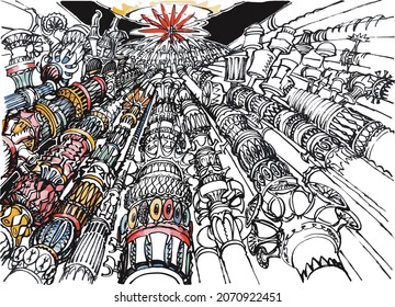 Imaginary nuclear reactor illustration, created by watercolor enriched black brush artwork