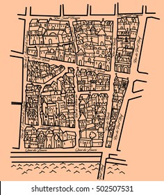Imaginary old map inspired by the old Middle ages ones, nice for original wrapping paper, Saint Honore district in Paris - vector illustration