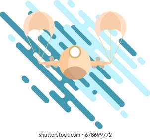 Imaginary plane flying on parachutes illustration. Flat vector with abstract background