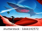 An imaginary sci-fi illustration of the space battleship fleets flying over the desert, at which a woman and her robot standing as the foreground in the picture and looking up to the sky.