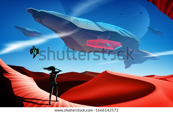 砂漠を飛ぶ宇宙戦艦の想像上のsfイラストで 女性とロボットが前景に立って空を見上げる のベクター画像素材 ロイヤリティフリー