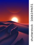 An imaginary sci-fi illustration of the spaceship fleet is flying over the desert, which has the beautiful sunset on the horizon.
