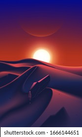 An Imaginary Sci-fi Illustration Of The Spaceship Fleet Is Flying Over The Desert, Which Has The Beautiful Sunset On The Horizon.