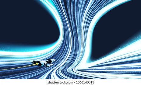 An imaginary sci-fi illustration of the spaceship time-traveling through at the middle between 2 supermassive black holes.