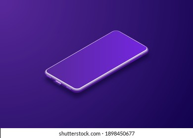 
Imaginary smartphone. Vector 3d cell phone in perspective. Digital layout with trendy purple gradient. pattern against bluish purple background.