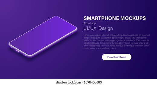 
Imaginary smartphone. Vector 3d cell phone in perspective. Digital layout with trendy purple gradient. pattern against bluish purple background.