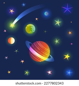 Imaginary stars and planets, cosmos elements design isolated for dark background. Shiny bright colorful illustration elements for kids galaxy design. Vector graphics for children cosmos design.