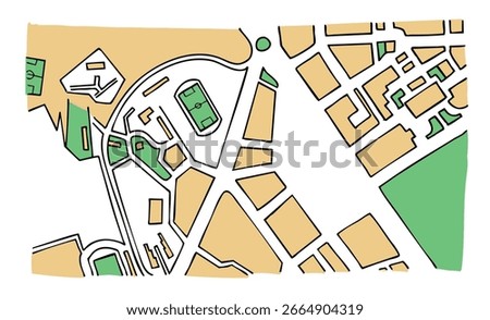 Imaginary street city map with courts, avenues and parks. Cartography, map. Colorful basic vector illustration.