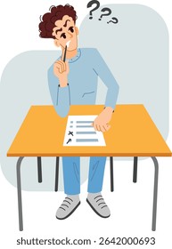 An imaginary student is solving a test. Illustration of a young man solving problems at a desk. School days.