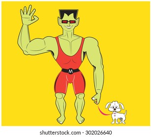 imaginary superhero and puppy