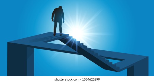 Imaginary and surrealistic concept, with a man at the top of a staircase whose descent is made impossible by an optical illusion.