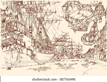 Imaginary tall ships laying anchored in a sea port town, drawn with brush marker