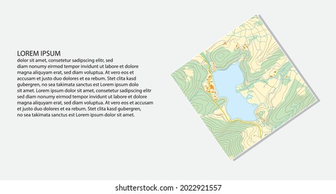 Imaginary topographic map of territory with rivers, lakes and roads