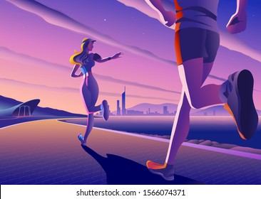 An imaginary vectoring illustration of couples jogging at a bay-side park in a beautifully quiet morning.