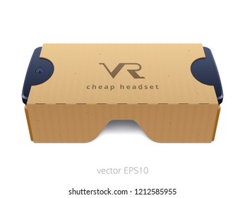 Imaginary VR headset made of cheap cardboard. Thick paper box in the form of goggles. Simple gadget with inserted smartphone. Realistic 3D vector device for apps of virtual reality. Perspective view.